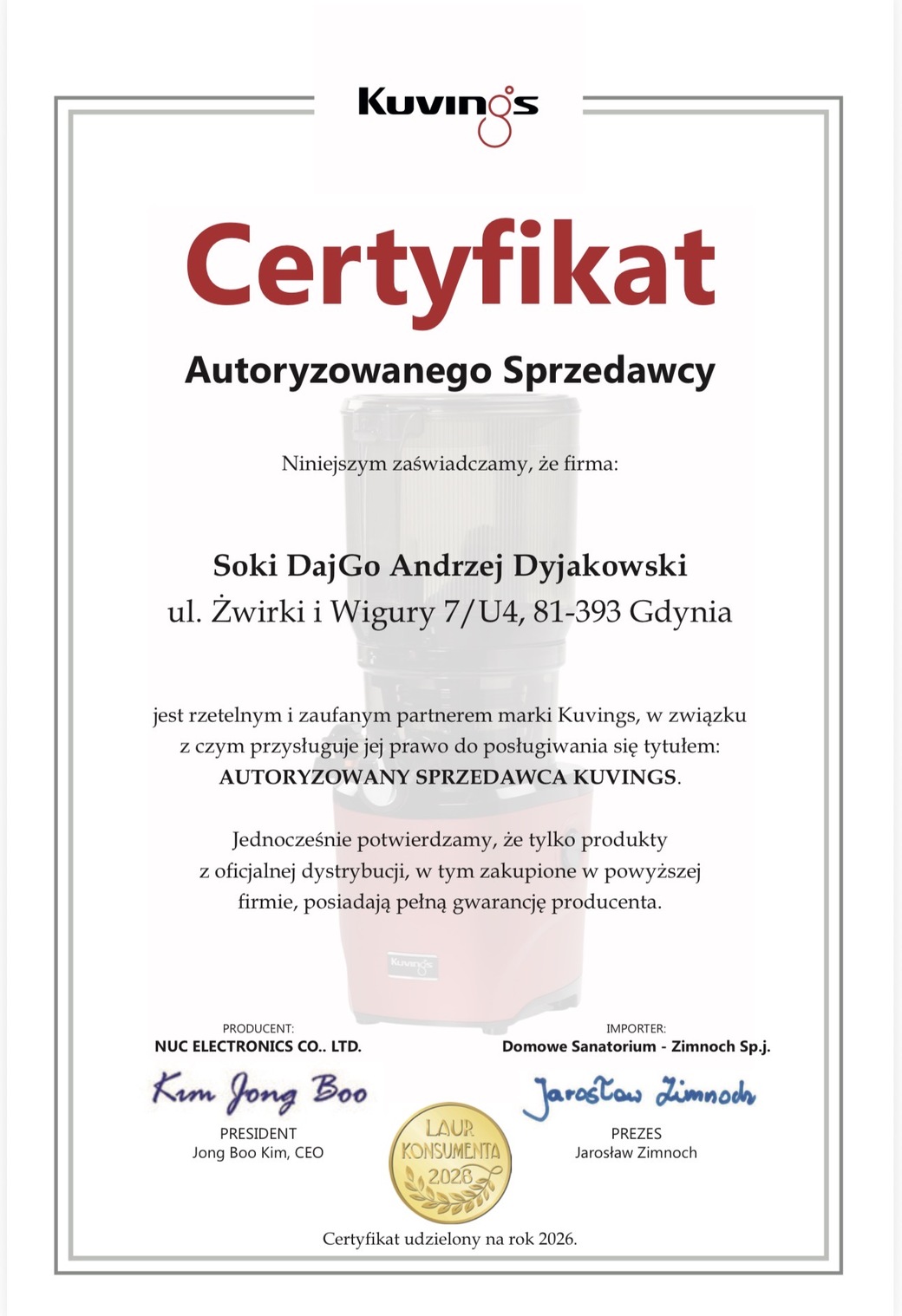 Certyfikat Opieki Posprzedażowej DajGo